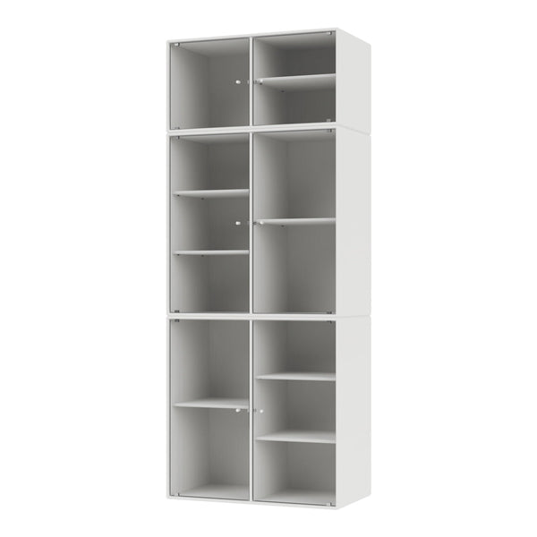 White shelving unit with a sleek design, featuring clean lines and a minimalist aesthetic. Ideal for modern decor.