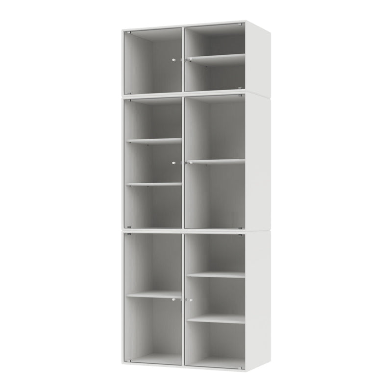 White shelving unit with a sleek design, featuring clean lines and a minimalist aesthetic. Ideal for modern decor.