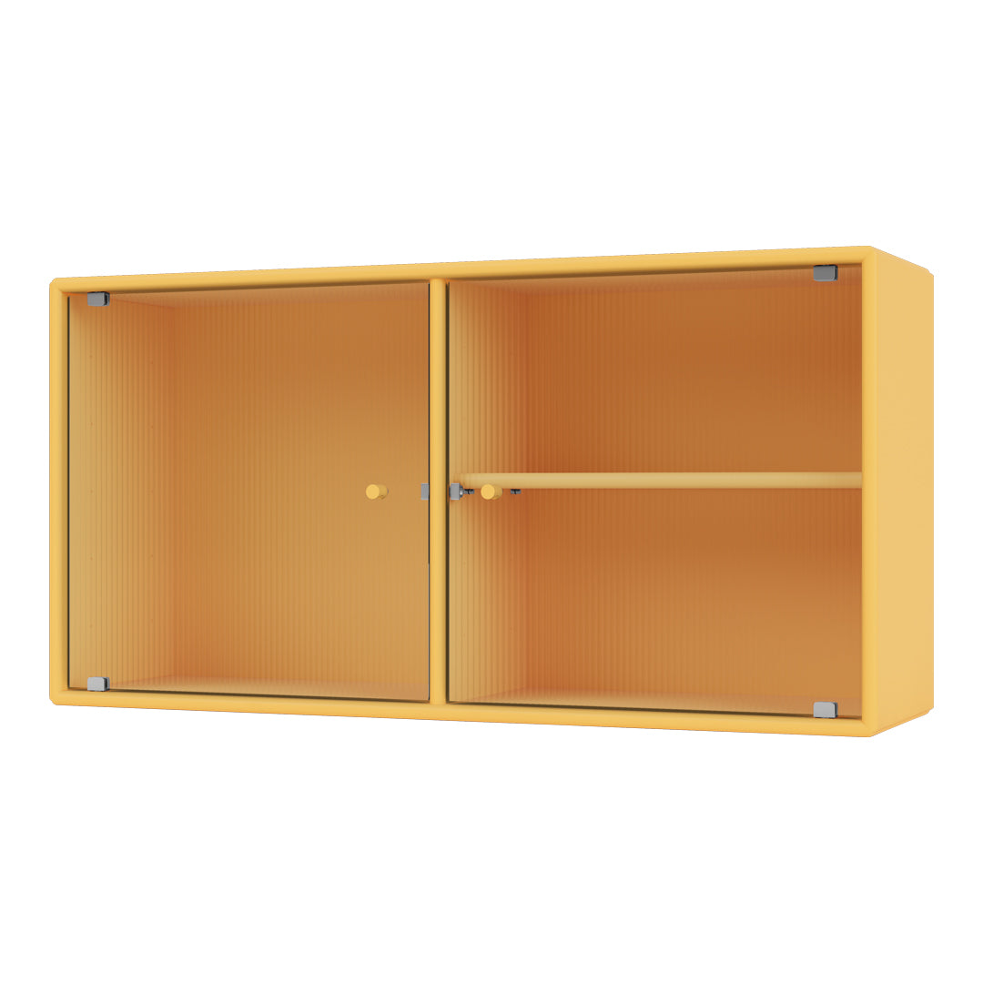 Bright yellow cabinet with ribbed texture, featuring two doors and a central shelf for stylish storage.