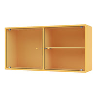 Bright yellow cabinet with ribbed texture, featuring two doors and a central shelf for stylish storage.