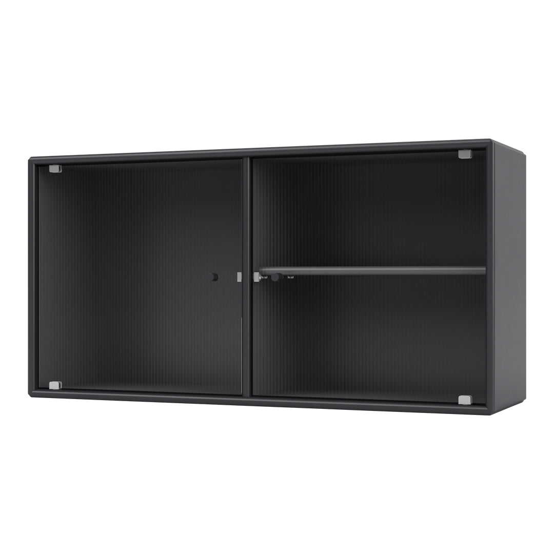 Sleek black cabinet with a ribbed texture and minimalist design, featuring two sliding doors and a central shelf.