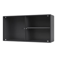 Sleek black cabinet with a ribbed texture and minimalist design, featuring two sliding doors and a central shelf.