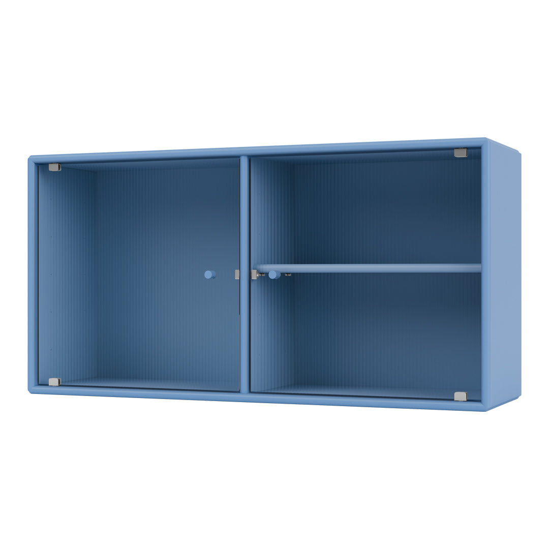 Blue cabinet with a textured pattern, featuring two compartments and a shelf, ideal for modern decor.