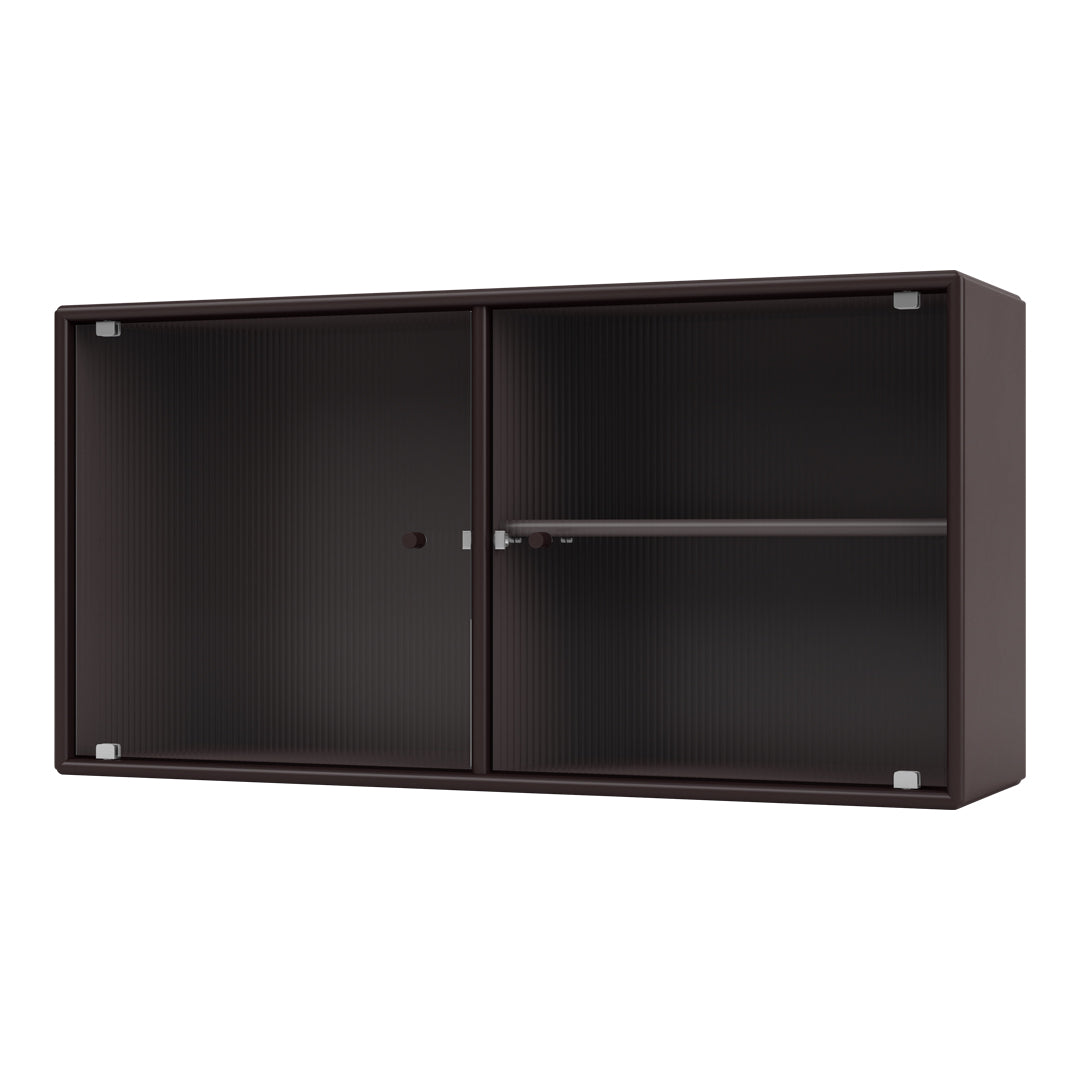 Brown ribbed storage cabinet with sleek glass doors and metallic accents. Perfect for modern interiors.