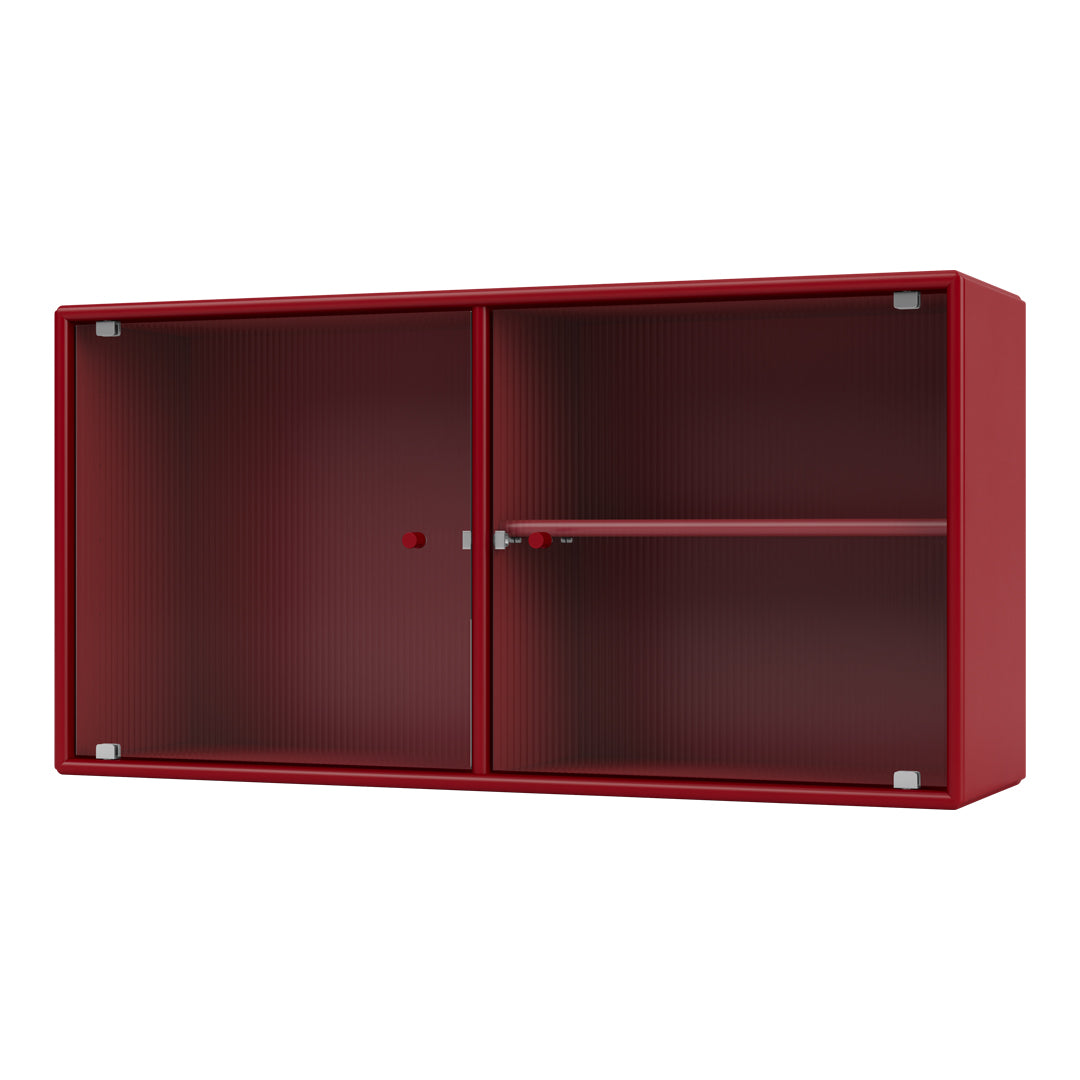 Red cabinet with a ribbed pattern and contrasting silver accents, perfect for modern home decor.
