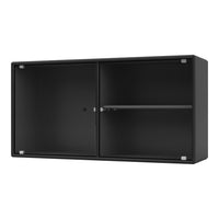 Sleek black cabinet with subtle ribbed texture and polished silver accents. Modern design for any space.