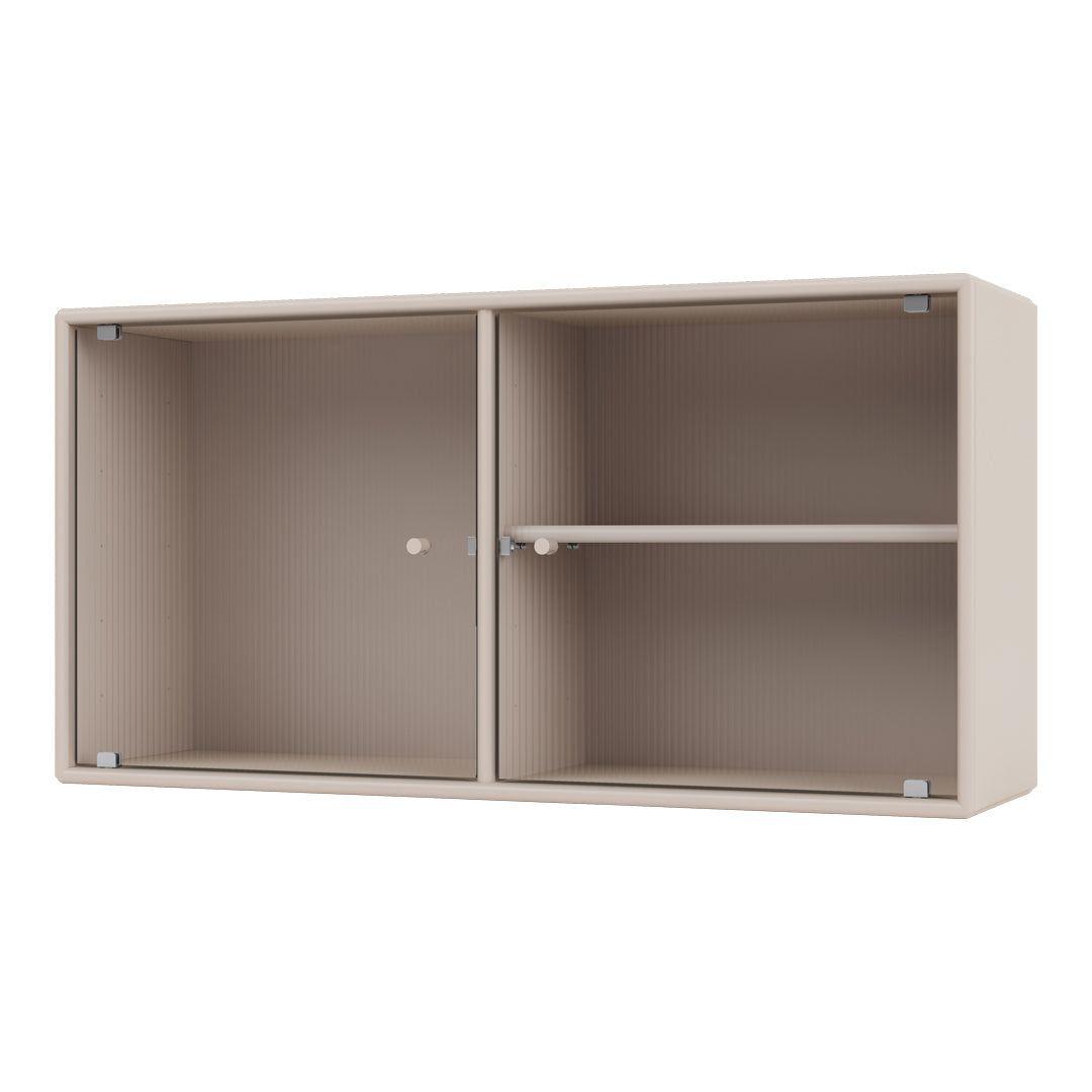 Beige storage cabinet with a ribbed pattern and sleek design, featuring light-colored accents and clear hardware.
