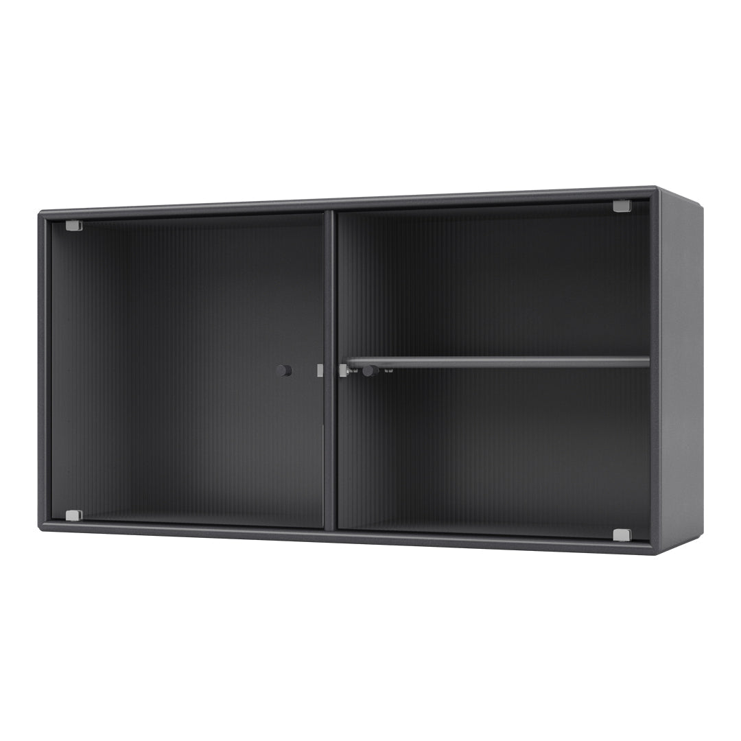Black ribbed cabinet with a sleek finish and silver accents, showcasing modern, minimalist design.