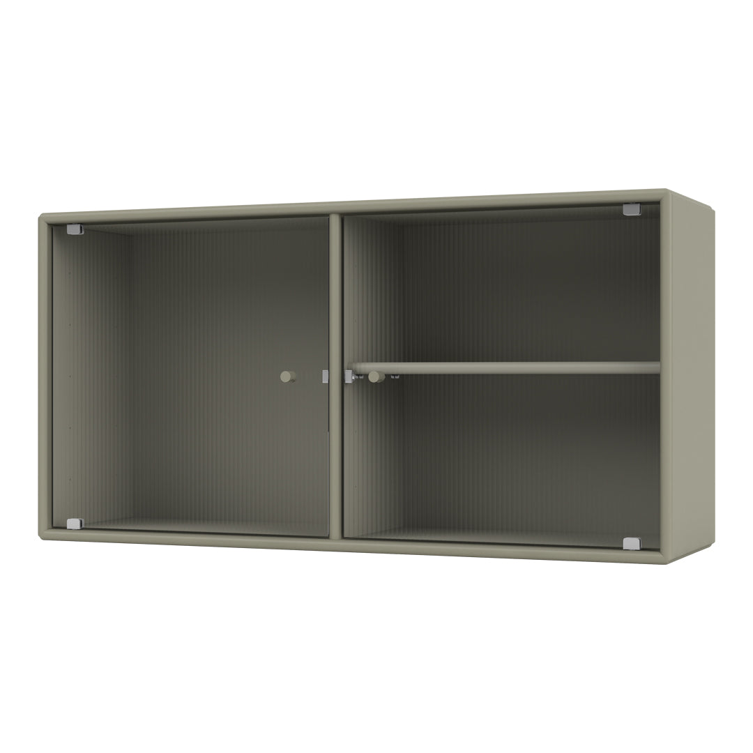 Sleek taupe storage cabinet with ribbed texture, featuring minimalist design and neutral coloring for versatile decor.