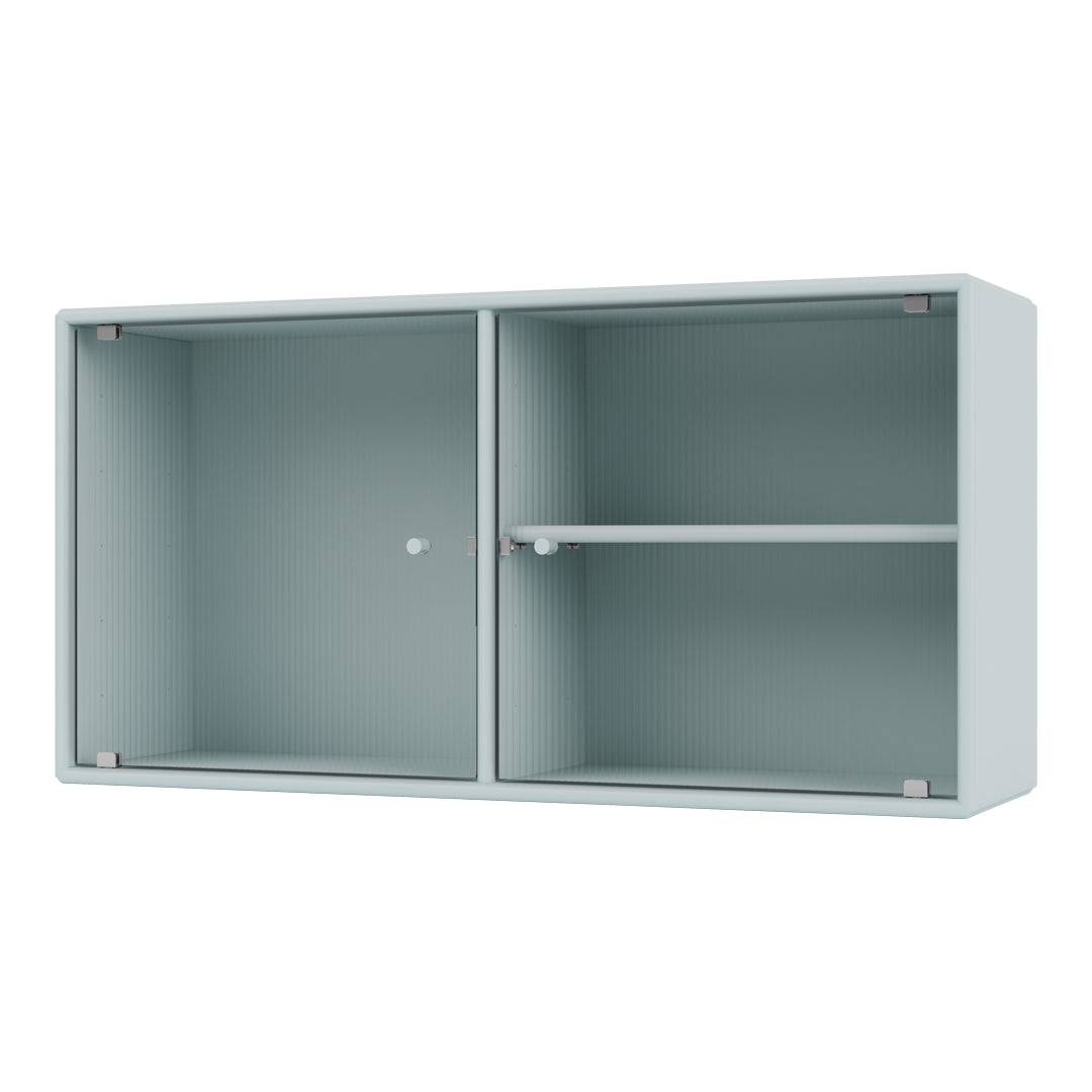 Light blue cabinet with ribbed texture, featuring two compartments and a sleek, modern design.