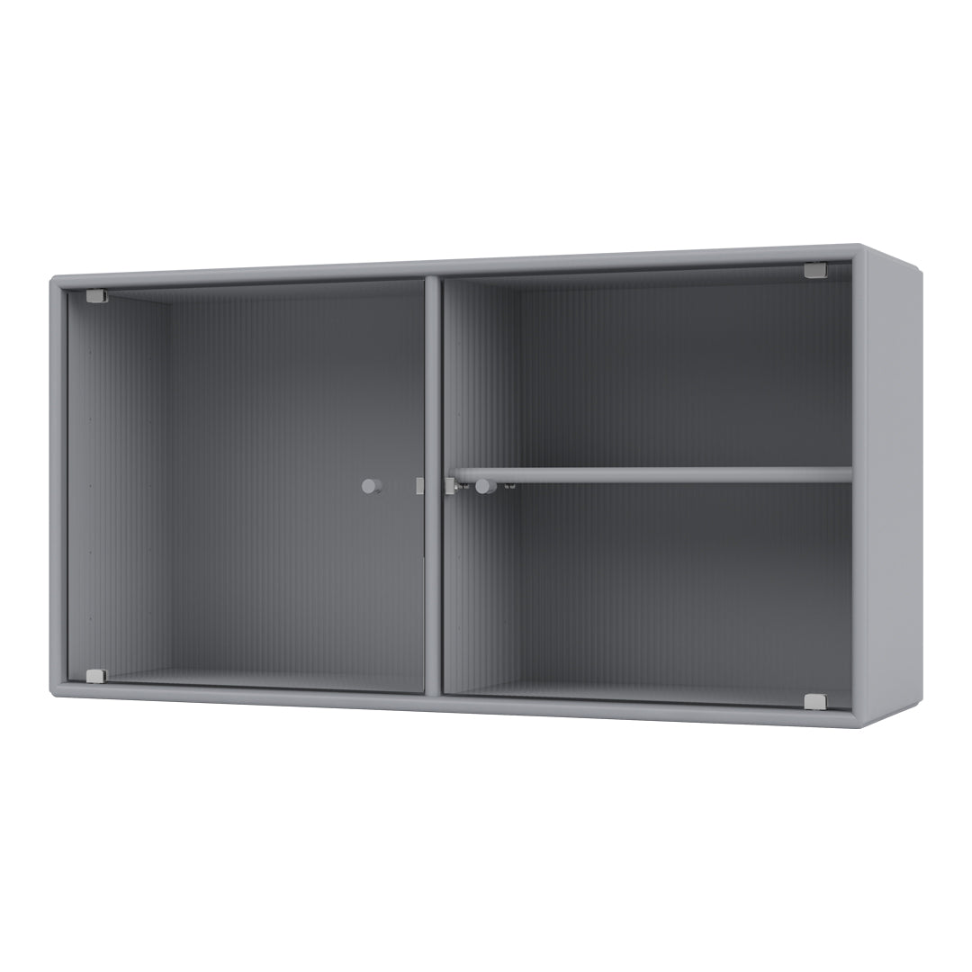 Gray storage cabinet with smooth surface and subtle vertical ribbed pattern; sleek and modern design for any space.