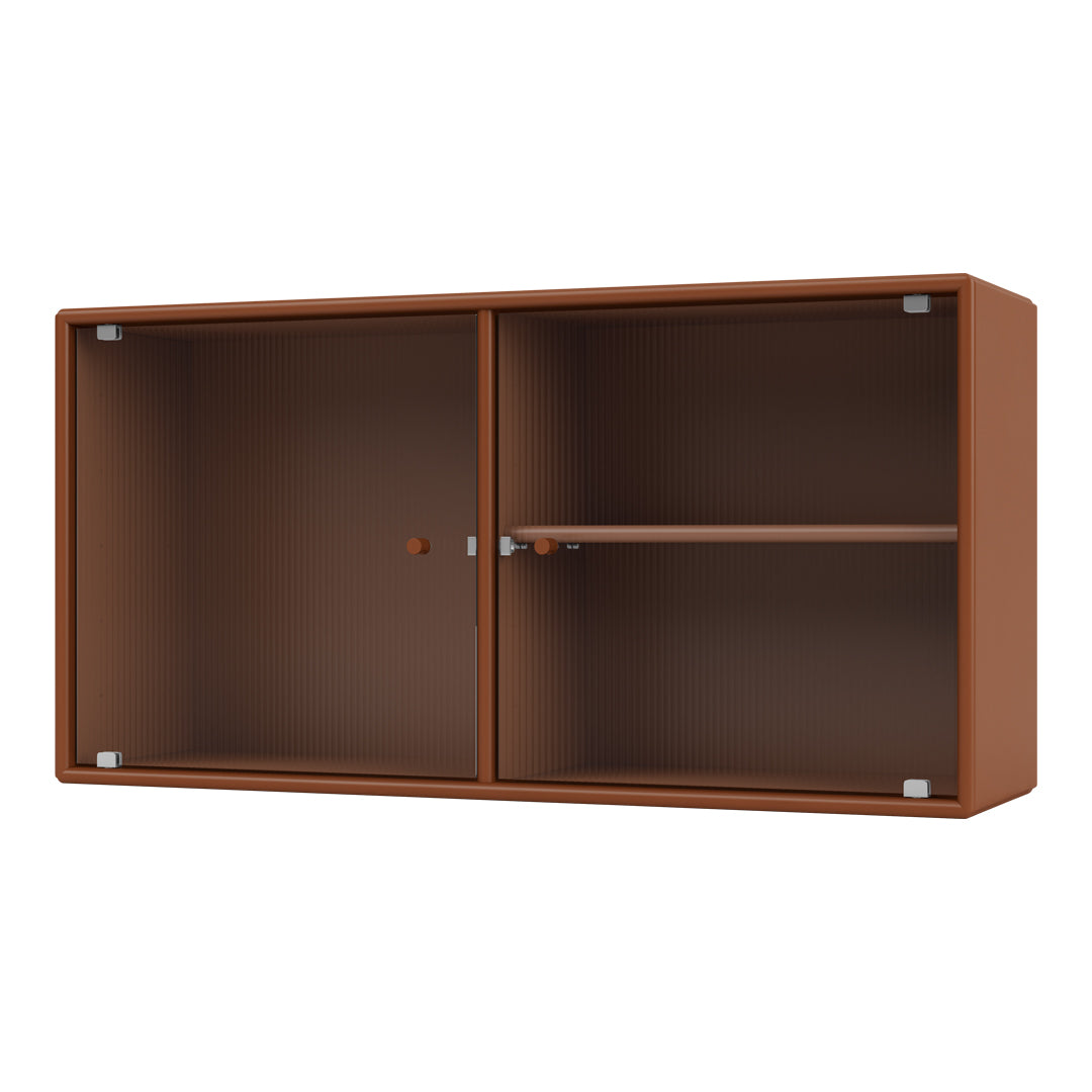 Brown ribbed storage cabinet with a smooth finish and contrasting silver knobs. Ideal for modern interiors.