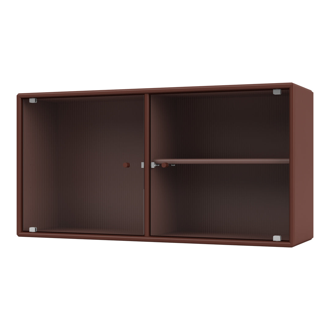 Brown storage cabinet with ribbed texture, featuring two sliding doors and sleek metallic accents.