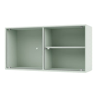 Light green cabinet with vertical ribbed texture and minimalistic design, featuring two compartments and a middle shelf.