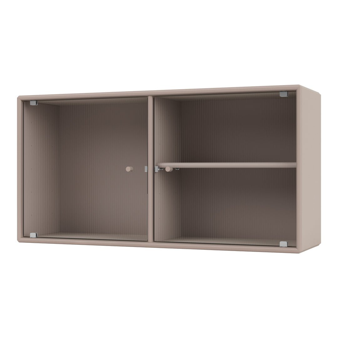 Beige modular shelving unit with vertical ribbed texture and smooth finish, featuring two compartments and a central shelf.