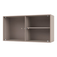 Beige modular shelving unit with vertical ribbed texture and smooth finish, featuring two compartments and a central shelf.