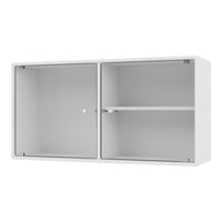White wooden cabinet with a textured interior and smooth exterior, featuring two glass doors and a central shelf.