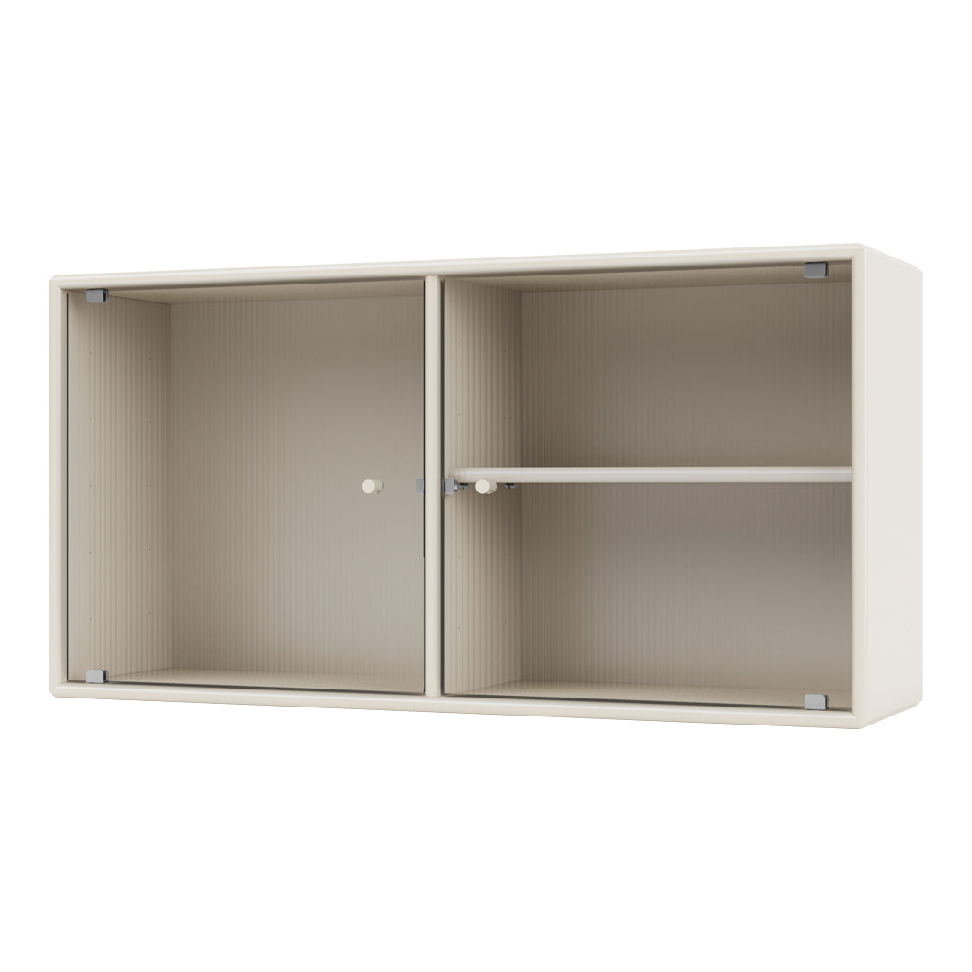 Cream-colored cabinet with subtle ribbed design and sleek metal accents. Modern and minimalist storage solution.