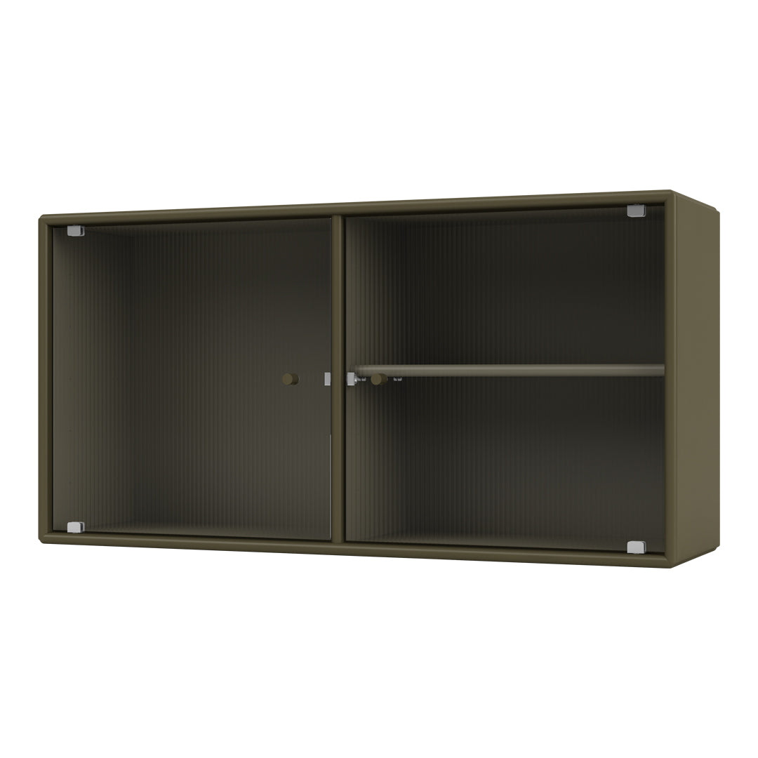 Olive green cabinet with ribbed texture and silver accents, featuring open and closed compartments.