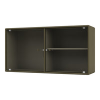 Olive green cabinet with ribbed texture and silver accents, featuring open and closed compartments.
