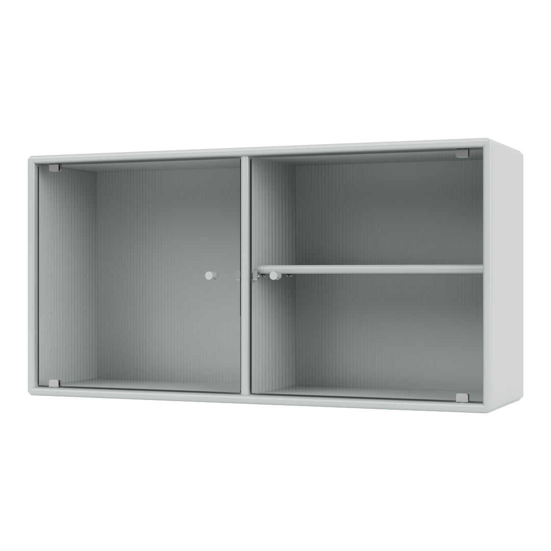 Light gray wall cabinet with a ribbed interior pattern and minimalistic design, featuring two compartments and a shelf.