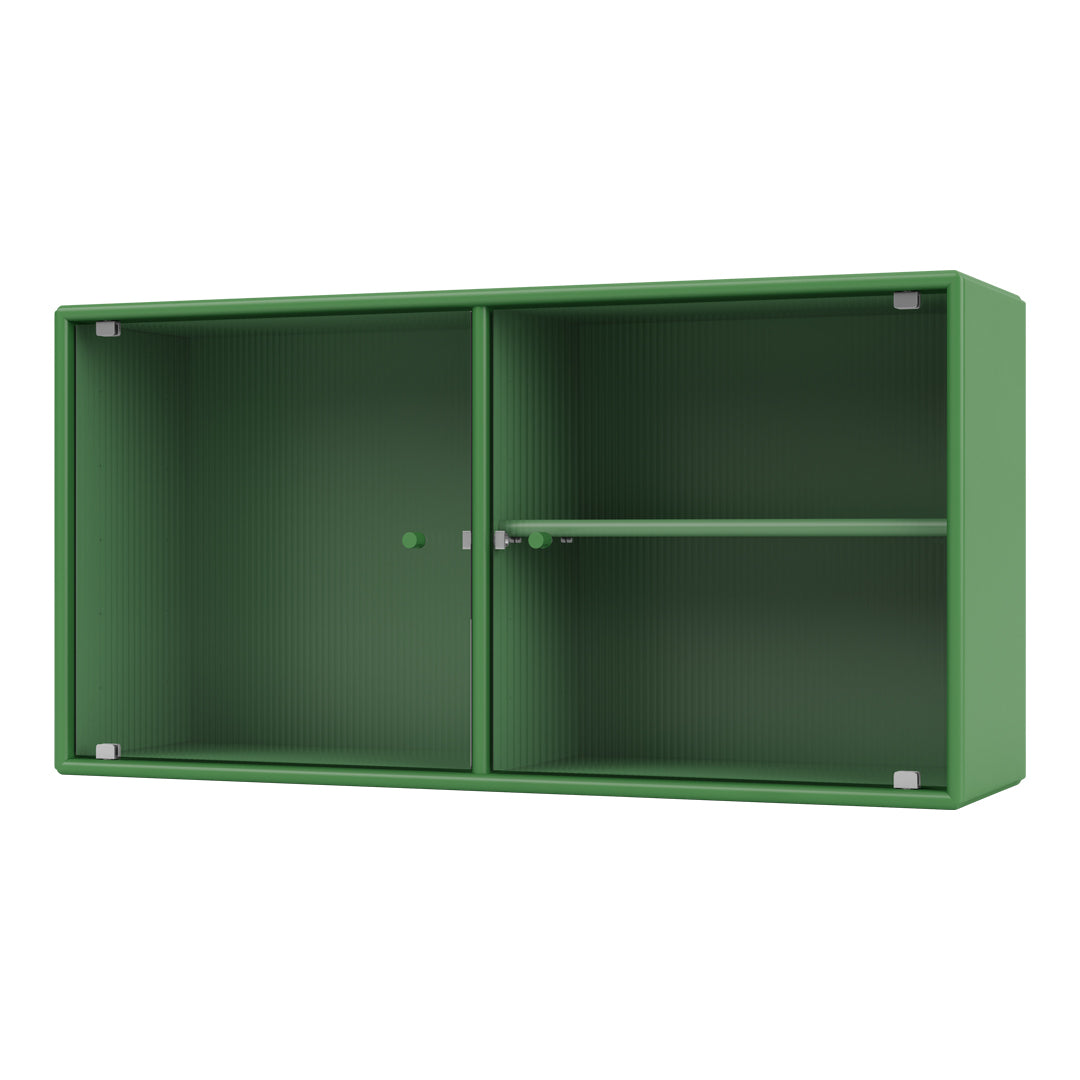Green cabinet with a ribbed texture, featuring a glossy finish and contrasting matte accents.
