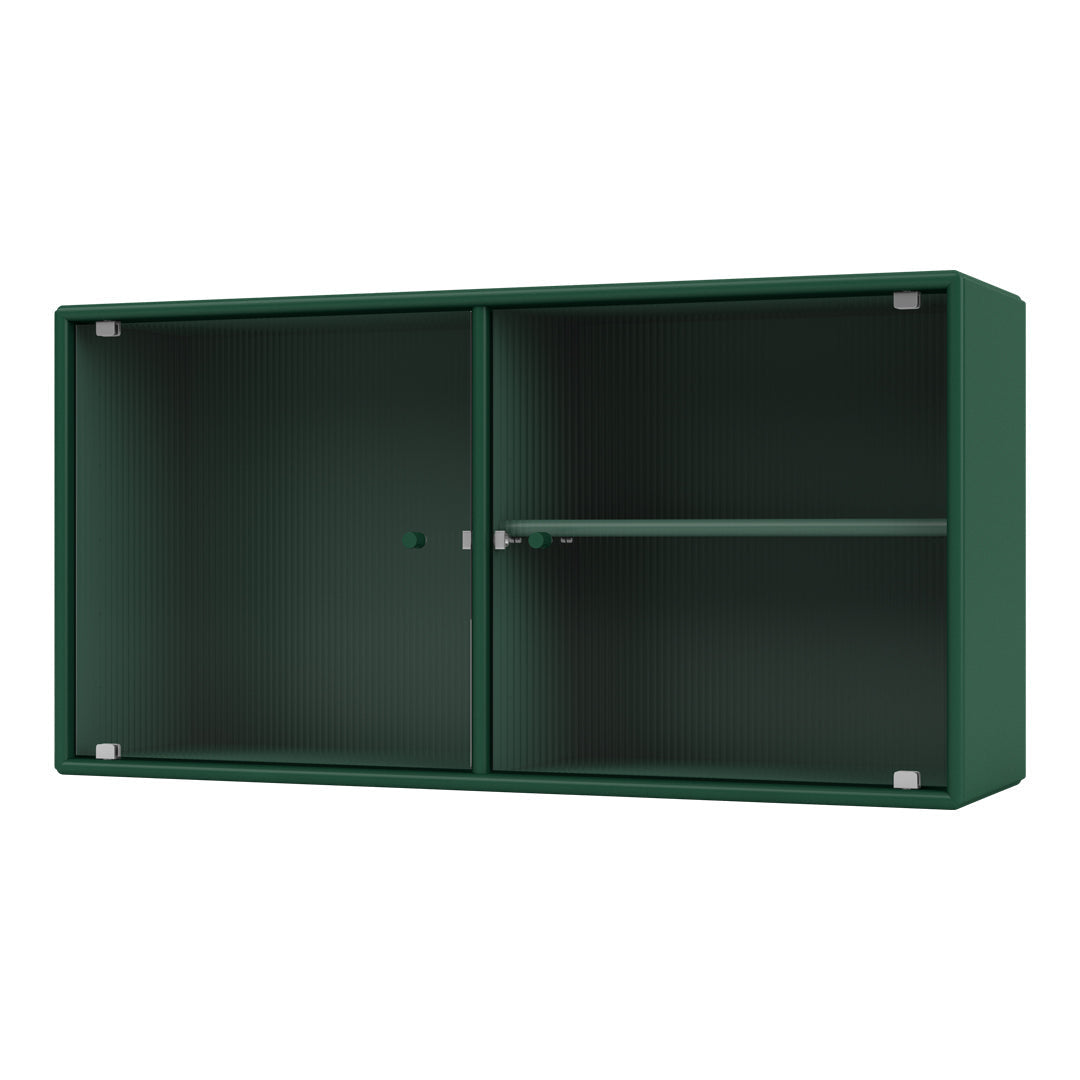 Green ribbed cabinet with a sleek design and minimalist aesthetic, featuring two sliding doors and an interior shelf.