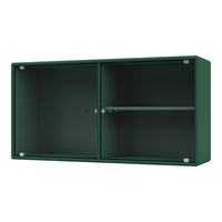 Green ribbed cabinet with a sleek design and minimalist aesthetic, featuring two sliding doors and an interior shelf.