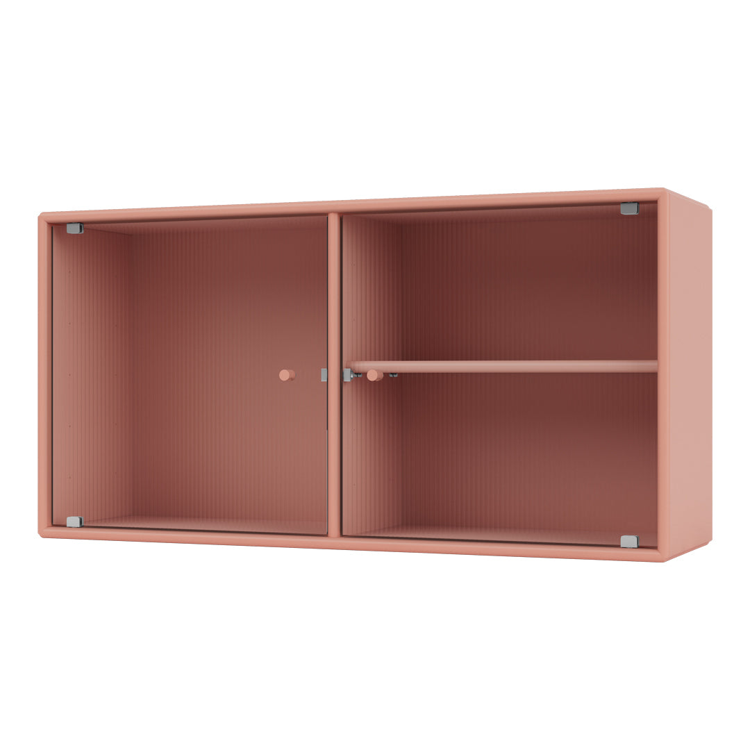Peach-colored bookshelf with a ribbed pattern and sleek silver hardware. Ideal for modern home decor.