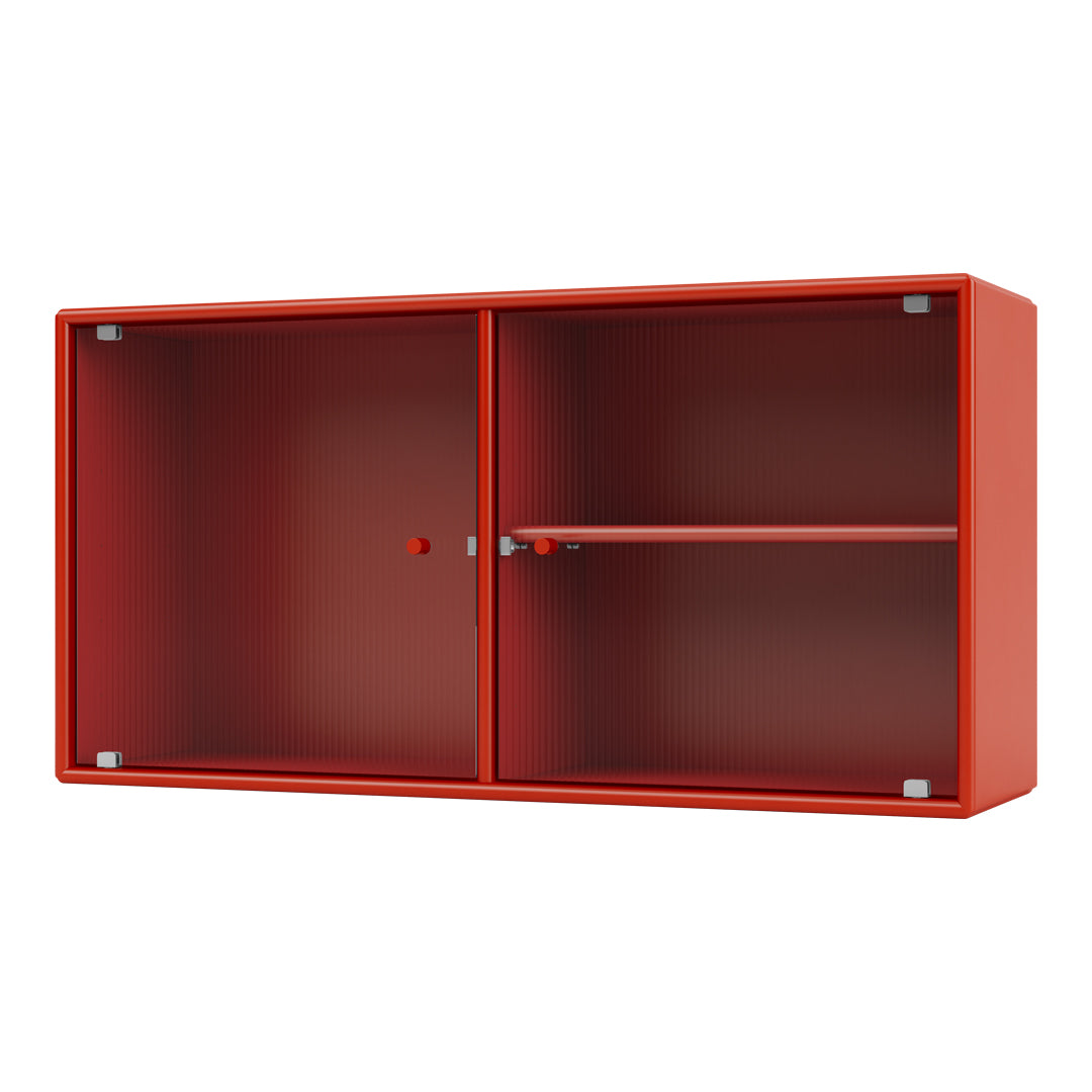 Modern red cabinet with sleek lines and ribbed interior pattern, perfect for stylish storage.