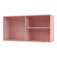 Pink ribbed cabinet with clean lines and a minimalist design, featuring two compartments and a central shelf.