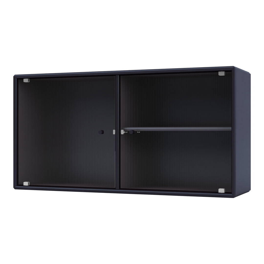 Black cabinet with a ribbed texture and sleek silver hardware accents. Modern design for stylish storage.