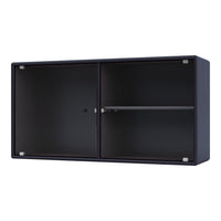 Black cabinet with a ribbed texture and sleek silver hardware accents. Modern design for stylish storage.