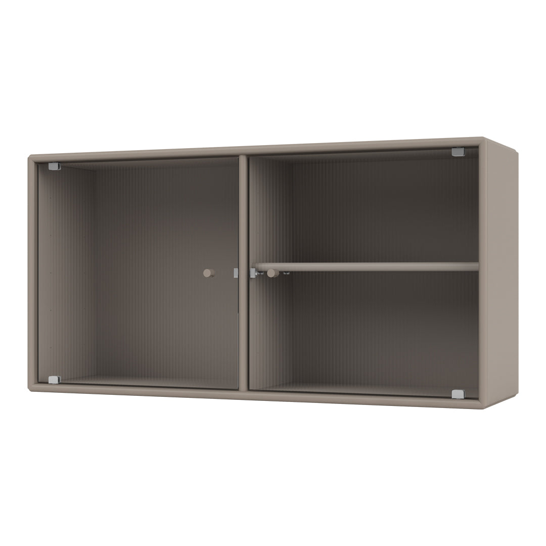 Beige ribbed storage cabinet with a sleek design and minimalist aesthetic, featuring two compartments and one shelf.