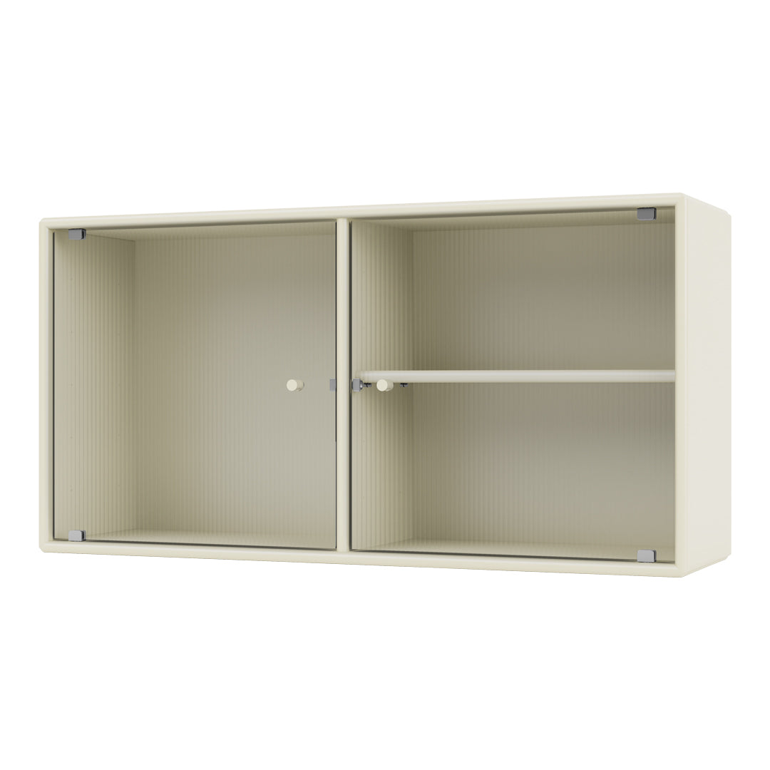 Cream-colored wall cabinet with subtle vertical ribbed texture and sleek silver hardware. Elegant and modern design.