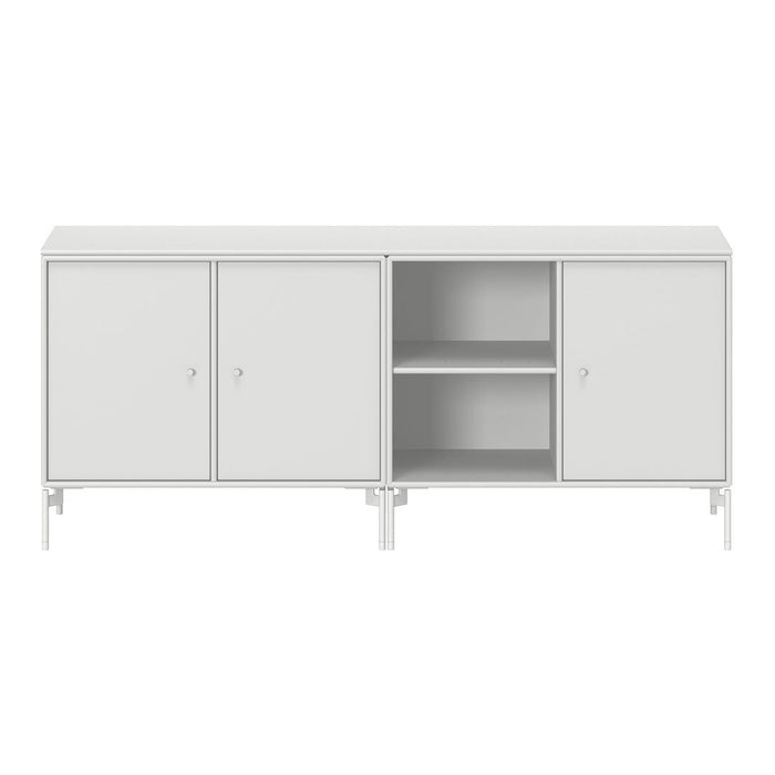 White, minimalist media console with a smooth finish and sleek, modern design featuring subtle gray accents.