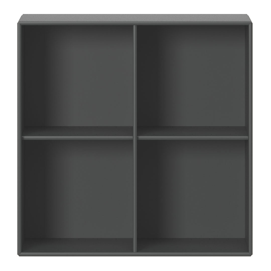 Gray four-shelf storage unit with a sleek, modern design and a smooth matte finish. Perfect for home organization.