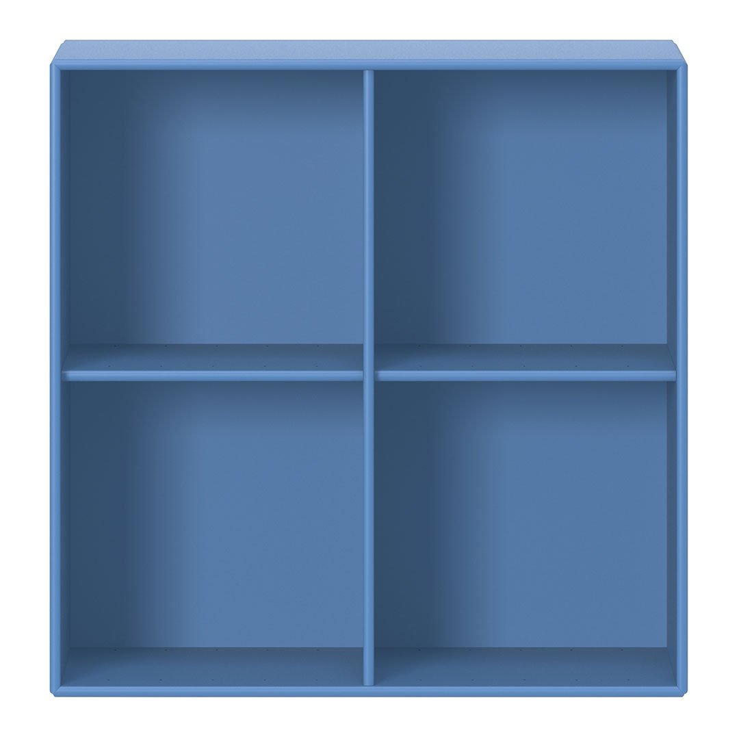 Blue four-section storage shelf with a smooth matte finish, perfect for organizing your space.