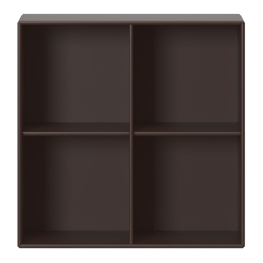 Brown wooden storage shelf with four open compartments, clean design and smooth finish.
