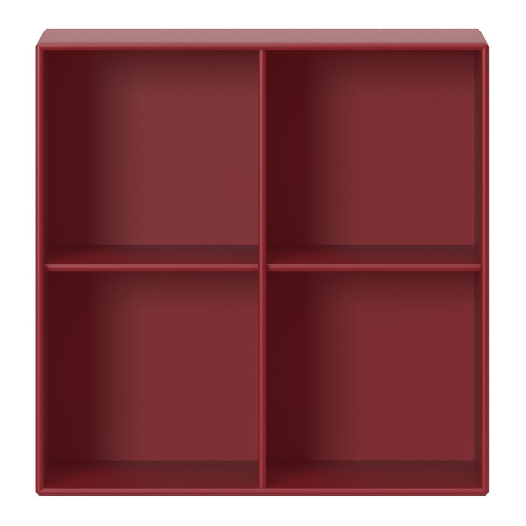 Red square bookshelf with four open compartments and a smooth matte finish, perfect for modern decor.
