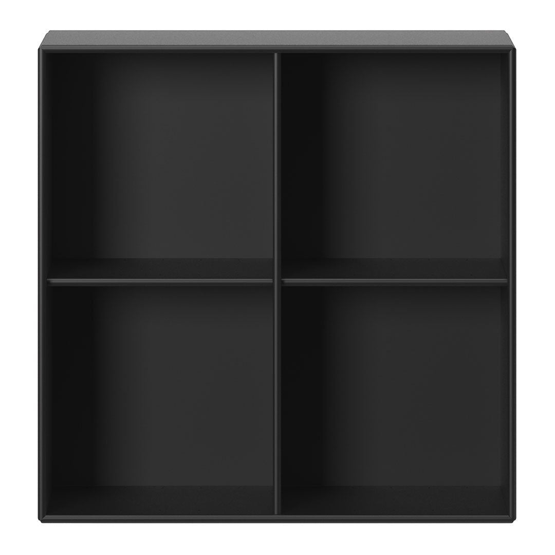 Black four-cube storage shelf with a matte finish and clean lines, perfect for modern decor.