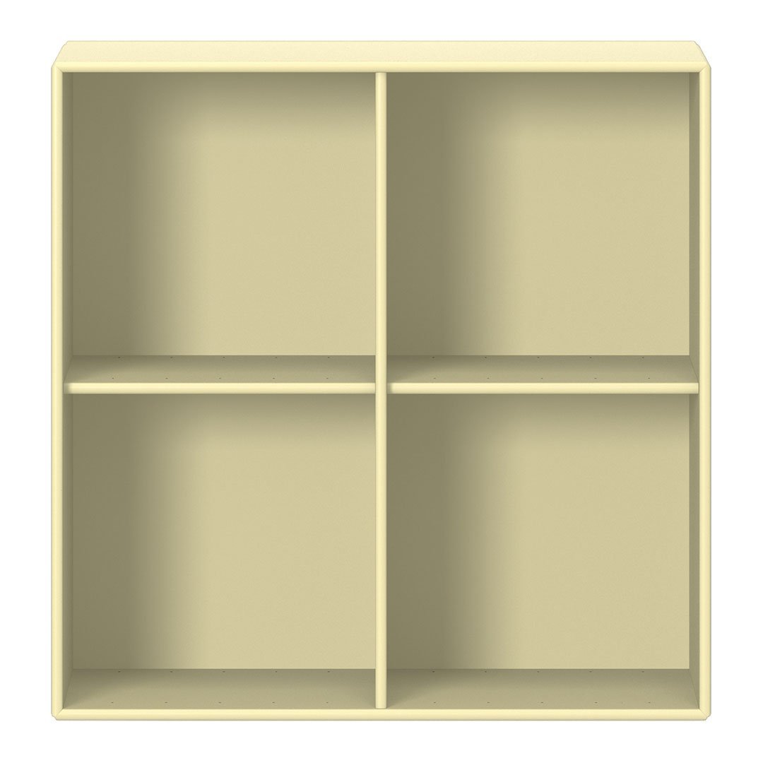 Light yellow storage shelf with a simple, solid pattern and four spacious compartments. Ideal for organizing items.