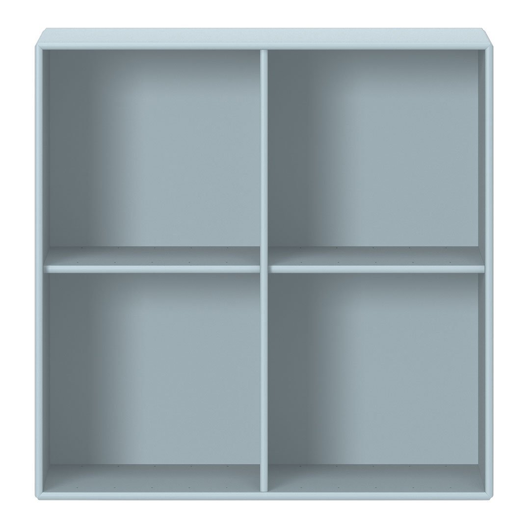 Light blue four-compartment shelf with a smooth finish, perfect for modern decor storage solutions.