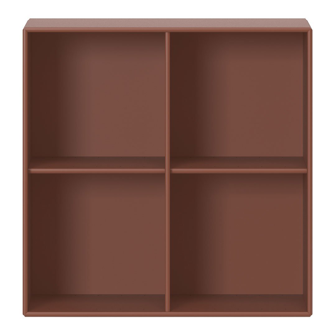Brown four-compartment shelf with a smooth matte finish and minimalist design, perfect for modern decor.