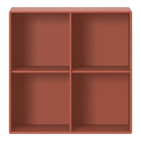 Terra-cotta colored shelf with a smooth, matte finish and four open compartments for versatile storage options.