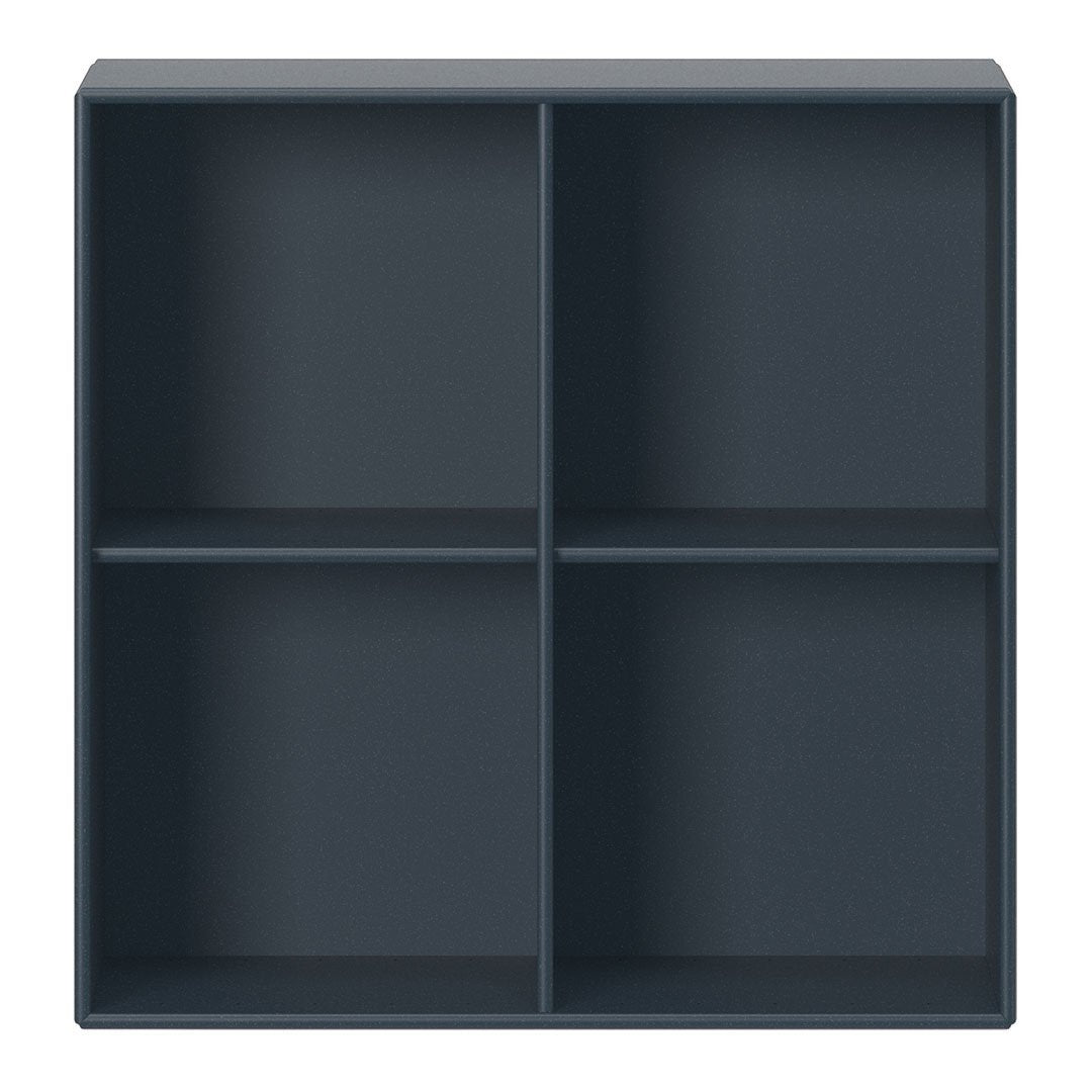 Dark blue shelving unit with a smooth finish and four open compartments, perfect for modern decor.