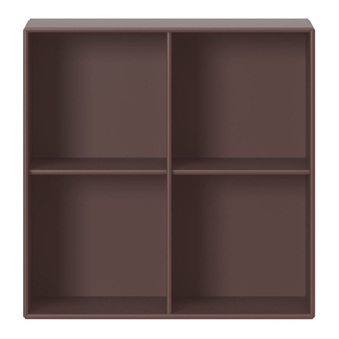 Brown cubic storage shelf with a smooth finish, featuring four equally sized compartments. Ideal for organization.
