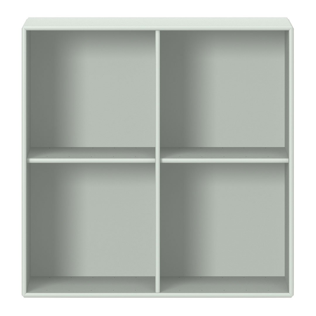 Light gray bookshelf with a minimalist design, featuring four open compartments and a sleek modern finish.