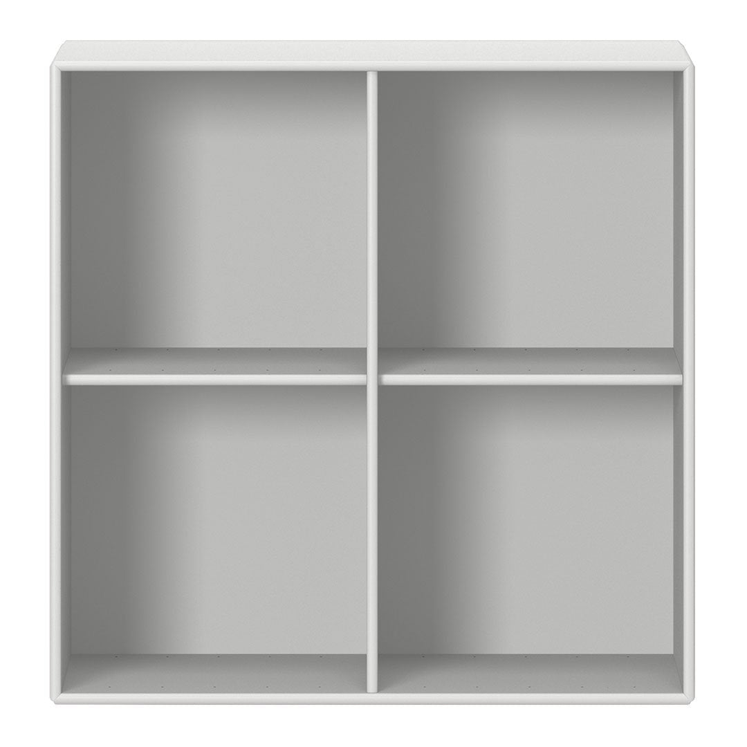 Gray shelf unit with four open compartments, featuring a sleek, minimalist design and smooth finish.