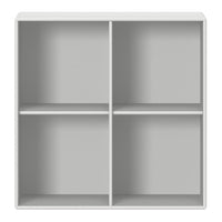 Gray shelf unit with four open compartments, featuring a sleek, minimalist design and smooth finish.